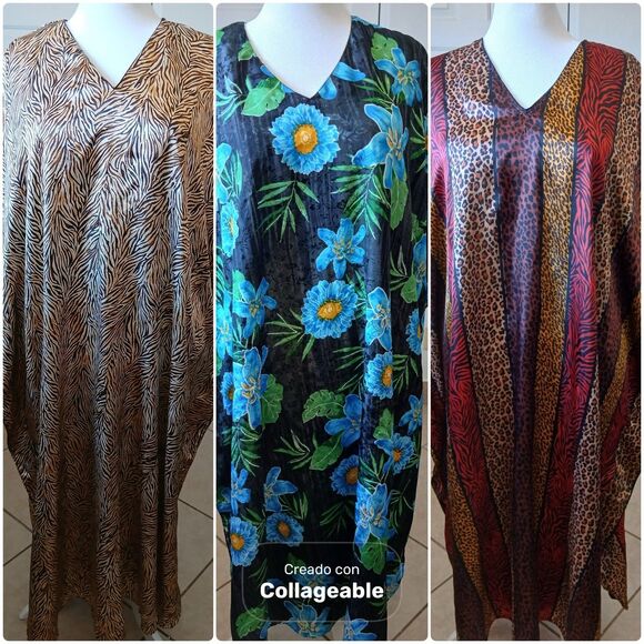 3 Vintage Winlar Satin Animal Print V Neck Kaftan One Size Fits Most Mrs Roper - Picture 1 of 16